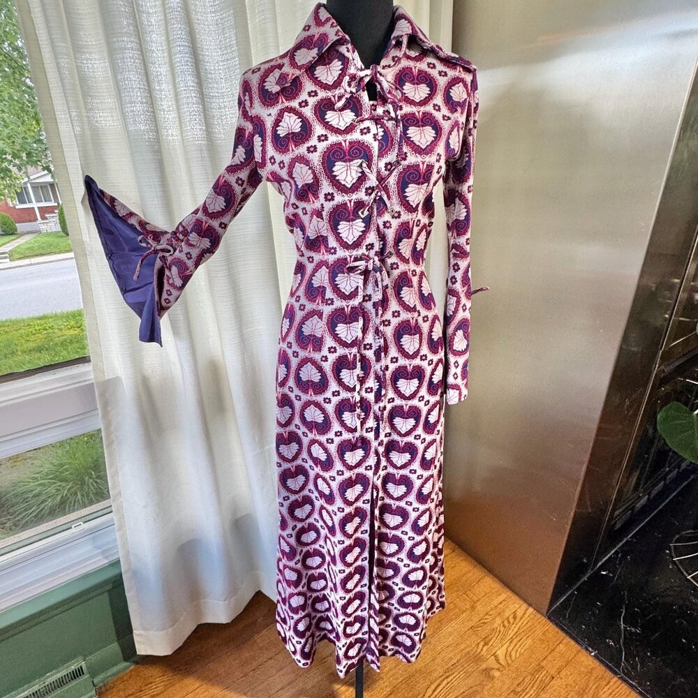 Vintage 60s dress, red, blue psychedelic print, Mod maxi gown, dagger lapels